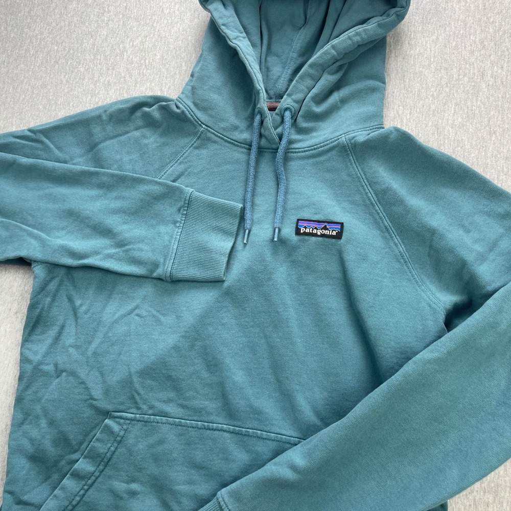 Patagonia Hoodie Mens S P-6 Logo Organic Cotton Teal Blue EUC